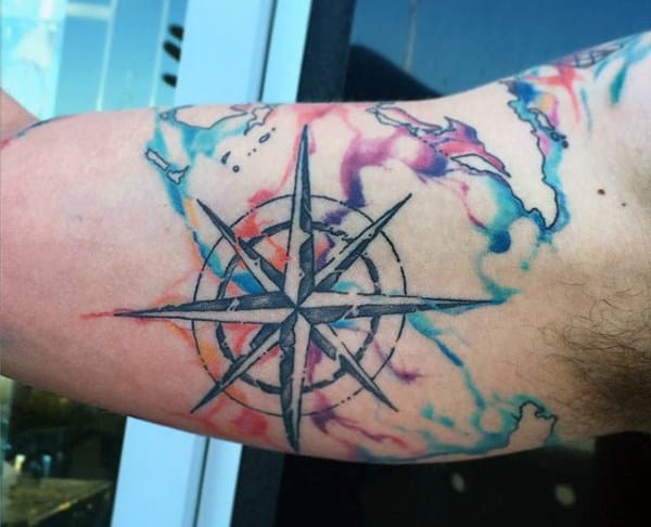Watercolor Norwegian Compass Tattoo For Men