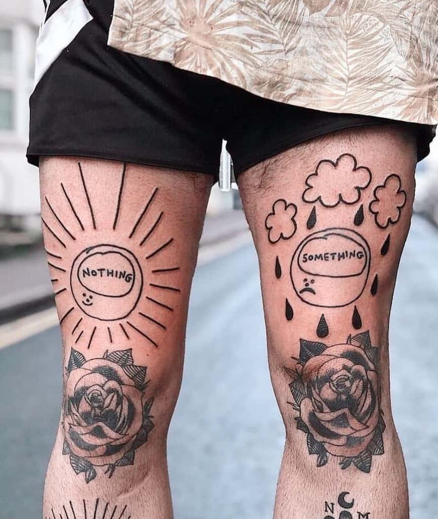 Matching thigh tattoos featuring a happy sun labeled 'Nothing' and a sad rainy cloud labeled 'Something,' creating a humorous contrast.