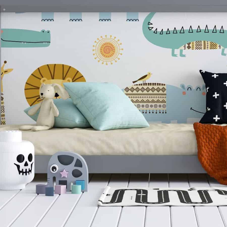 kids nursery animal wall art blue pillows teddybear