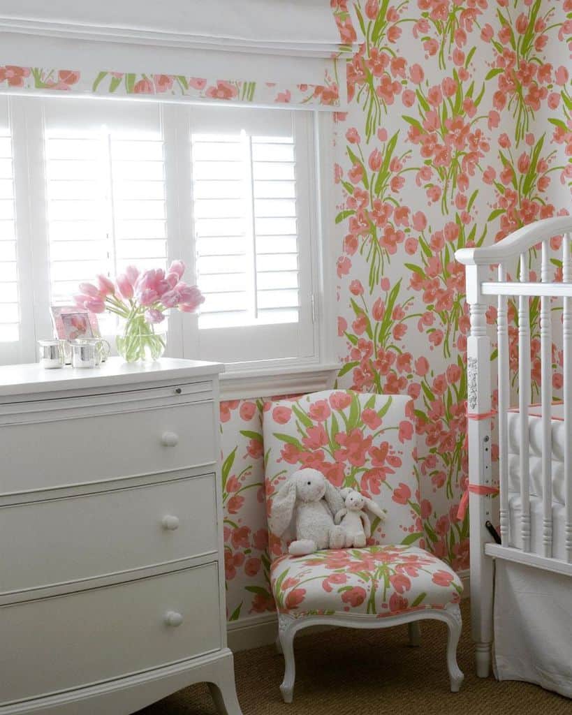 flower wallpaper flower fabric chair white crib and dresser nursery