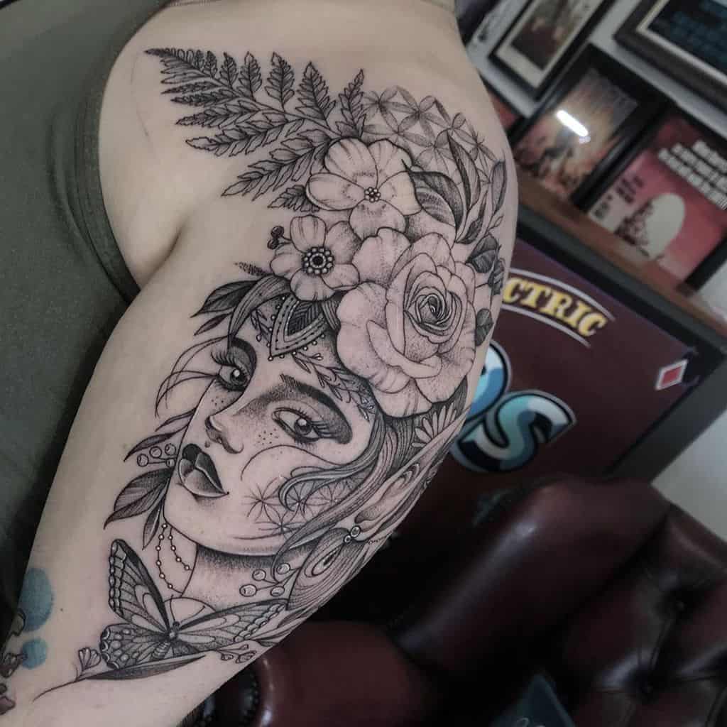 Nymph Floral Black Dot Work Fairy Tattoo