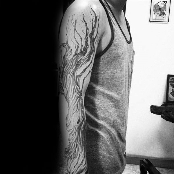 Oak Tree Sleeve Black And Grey Mens Tattoo Ideas