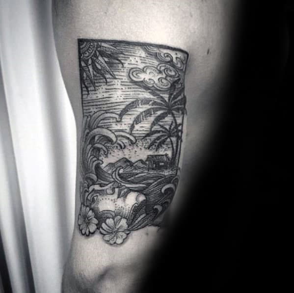Ocean Beach Landscape Guys Woodcut Back Of Arm Tattoo