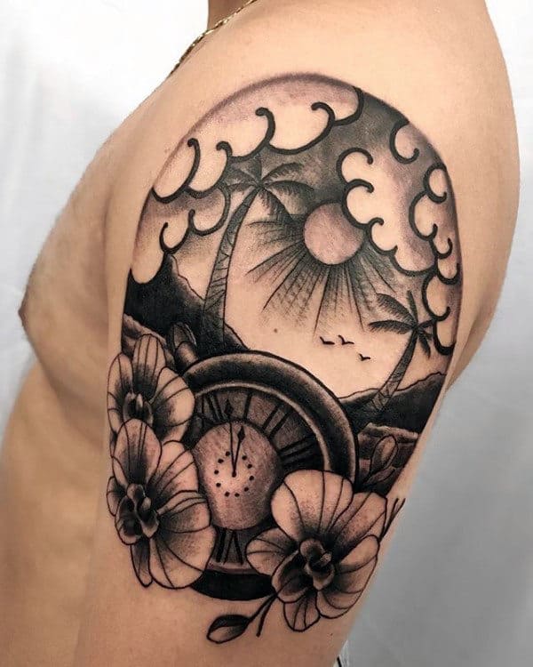 Ocean Beach Mens Orchid Upper Arm Tattoos