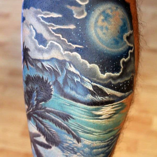 Ocean Beach With Glowing Moon Night Sky Guys Leg Calf Tattoos