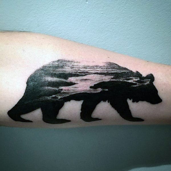 Ocean Landscape California Bear Black Ink Mens Forearm Tattoos