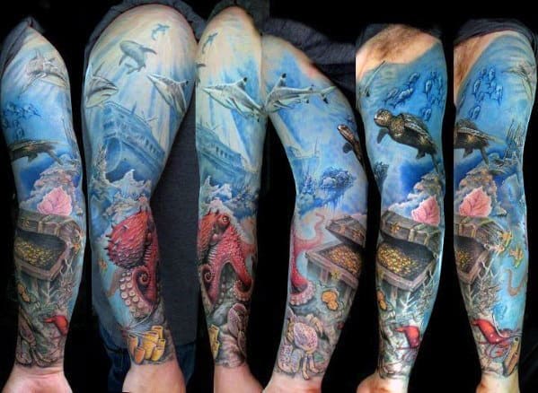 Ocean Scene Mens Treasure Chest Full Sleeve Tattoo Ideas