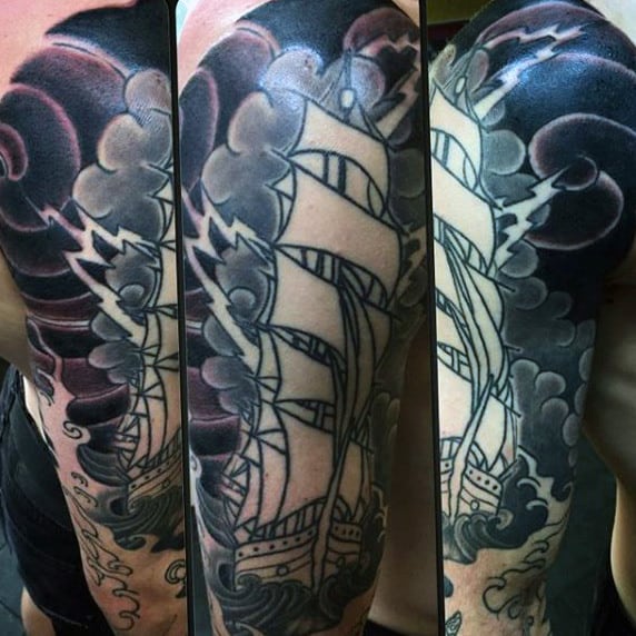Ocean Ship Lightning Flash Tattoo For Men