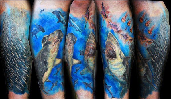 Ocean Swimming Hammerhead Shark Leg Sleeve Tattoo On Guy