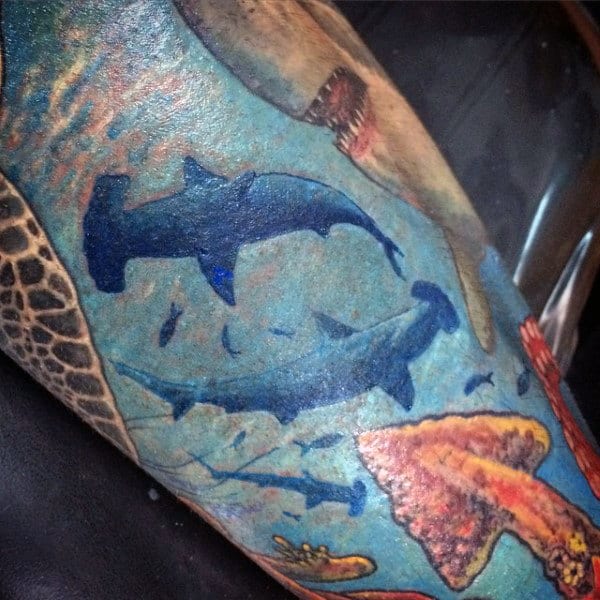 Ocean Themed Hammerhead Shark Mens Sleeve Tattoo Designs