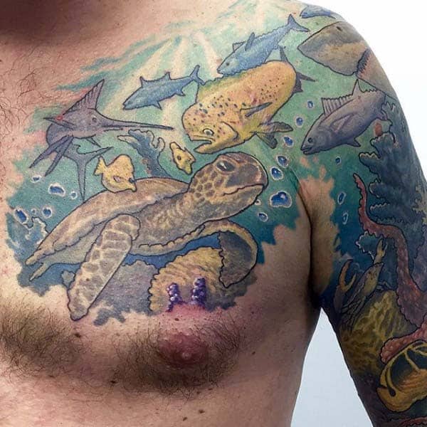 Ocean Themed Mens Turtle Chest And Arm Tattoo