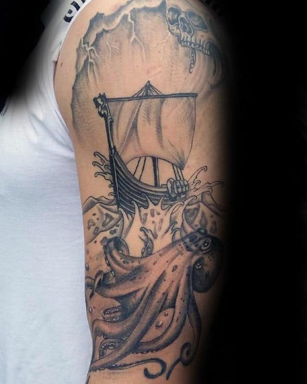 Ocean Water Kraken Upper Arm Tattoo On Gentleman