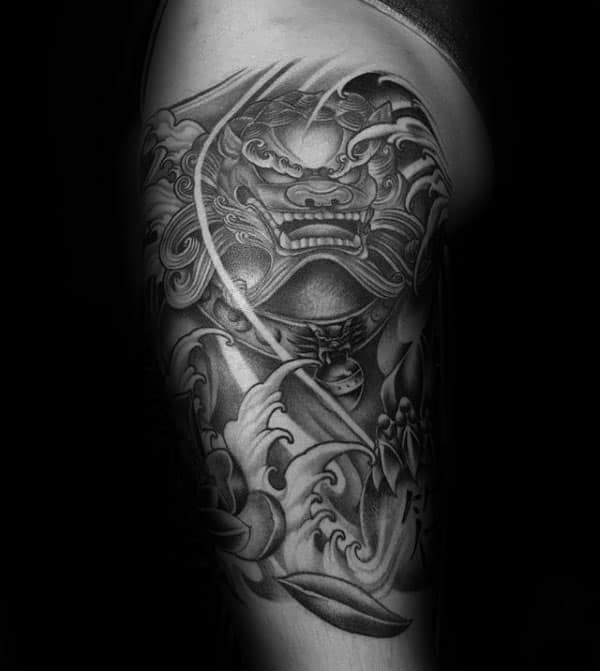 Ocean Water Waves Guys Foo Dog Half Sleeve Tattoo