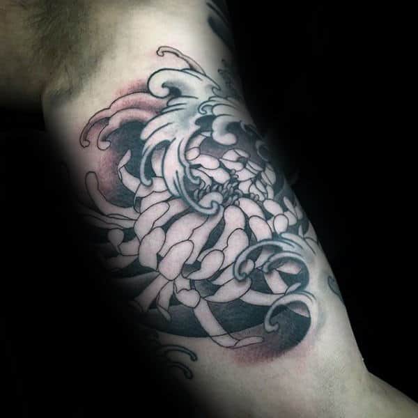 Ocean Water Waves Japanese Chrysanthemum Flowers Male Inner Arm Bicep Tattoos
