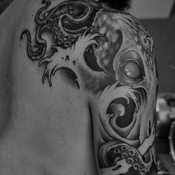 Ocean Water Waves With Octopus Guys Shaded Arm And Shoulder Tattoo