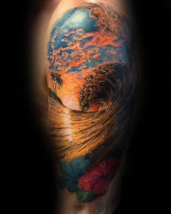 Ocean Wave Tropical Male Unique Arm Half Sleeve Tattoo