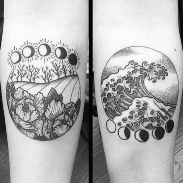 Ocean Wave With Farm Moon Phases Nice Inner Forearm Tattoos