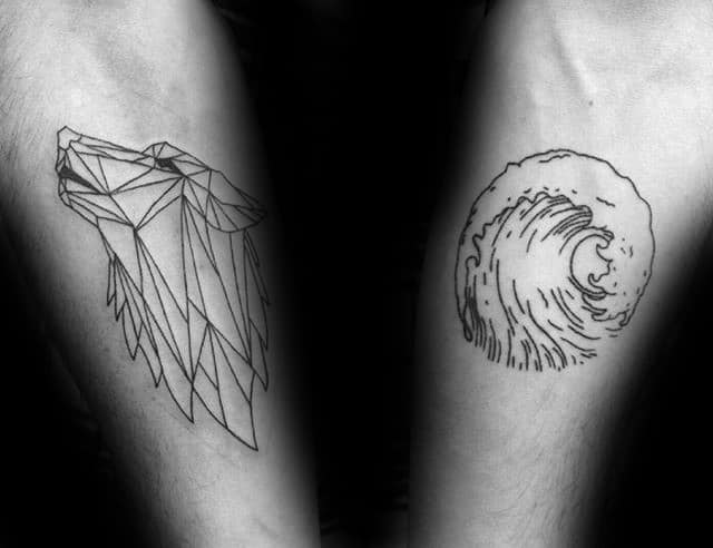 Ocean Wave With Outline Geometric Wolf Mens Inner Forearm Tattoos