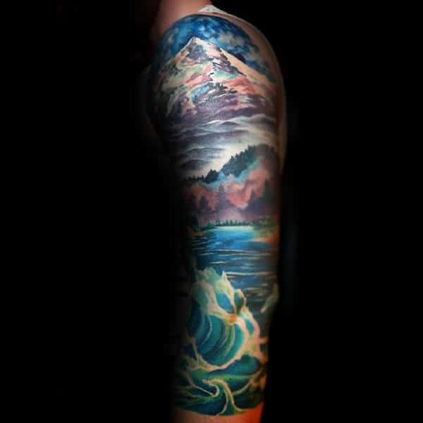 Ocean Waves And Mountain Landscape Sleeve Tattoo For Guys