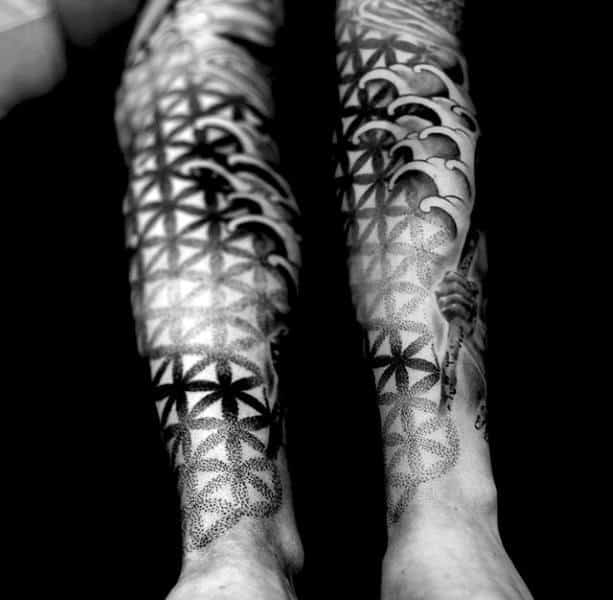 Ocean Waves Flower Of Life Mens Sleeve Tattoo On Leg