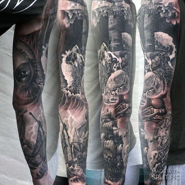 Ocean Waves Guys Full Sleeve Nautical Themed Tattoo Inspiration
