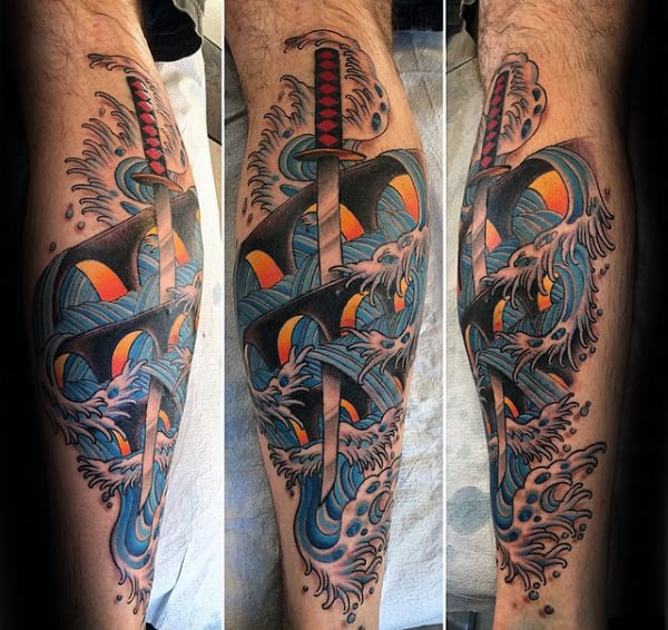 Ocean Waves Katana Japanese Sword Mens Leg Tattoo
