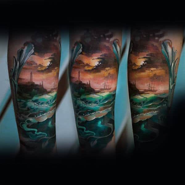 Ocean Waves Mens Cloudy Sky Leg Tattoo Designs