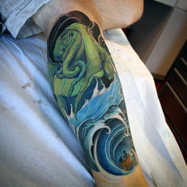 Ocean Waves Mens Creative Cthulhu Shin Tattoo Ideas