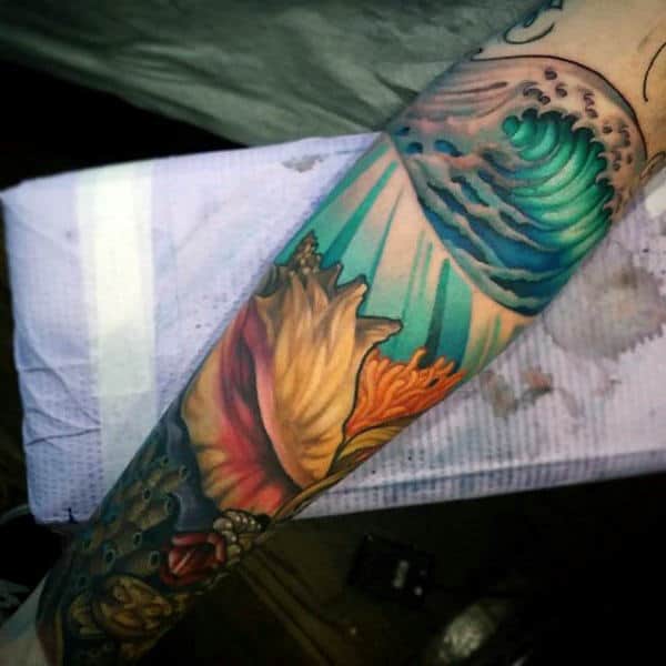 Ocean Waves Seashell Mens Forearm Sleeve Tattoo