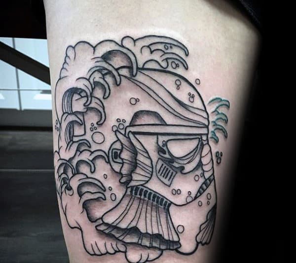 Ocean Waves Stormtrooper Japanese Mens Tattoo On Thigh