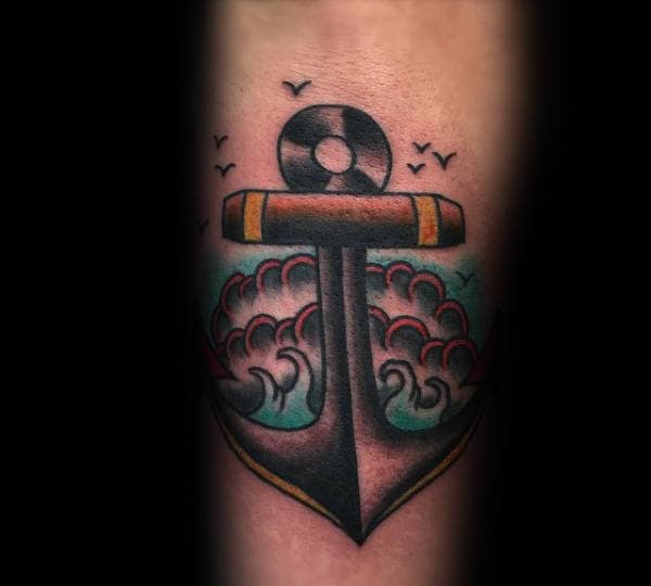 Ocean Waves Traditional Anchor Guys Inner Forearm Tattoos