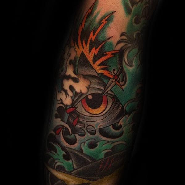 Ocean Waves With Eye Of Providence Mens Arm Tattoo