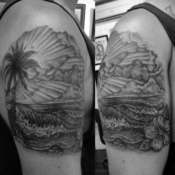 Ocean Waves With Hibiscus Flower Mens Upper Arm Tattoos