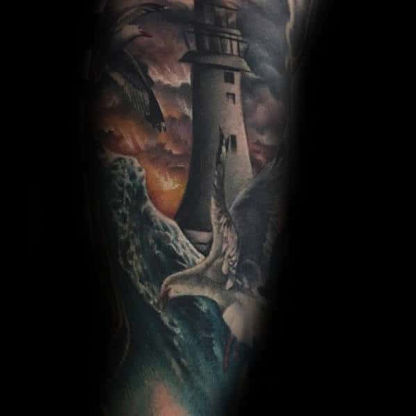 Ocean Waves With Lighthouse And Seagull Mens Realistic Sleeve Tattoos