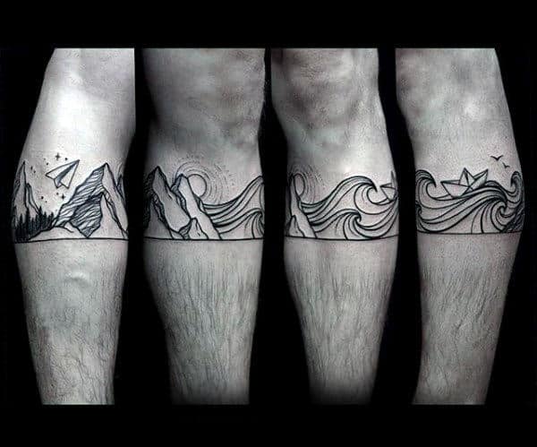 Ocean Waves With Mountains And Paper Airplane Mens Legband Tattoo