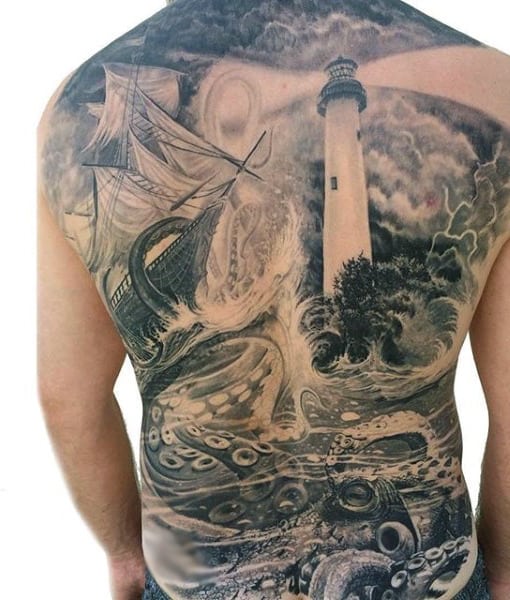 Octopus And Ship Tattoo For Males On Back