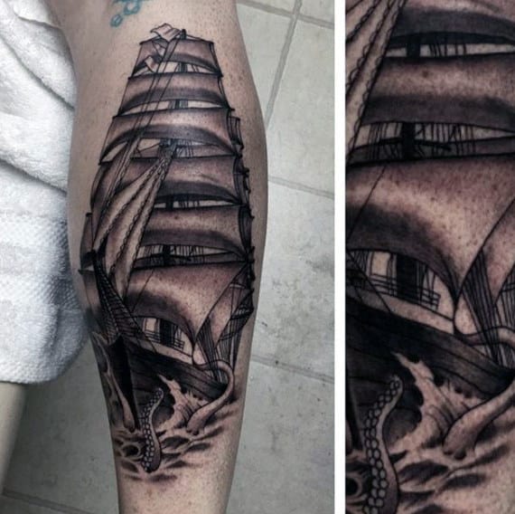 Octopus Attacking Sailing Ship Mens Nautical Back Of Leg Tattoos
