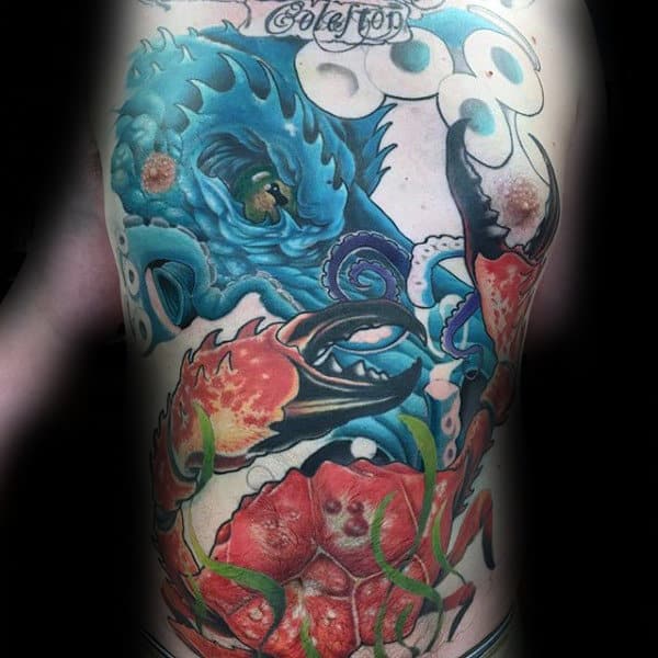 Octopus Fighting Crab Mens Full Chest Tattoos