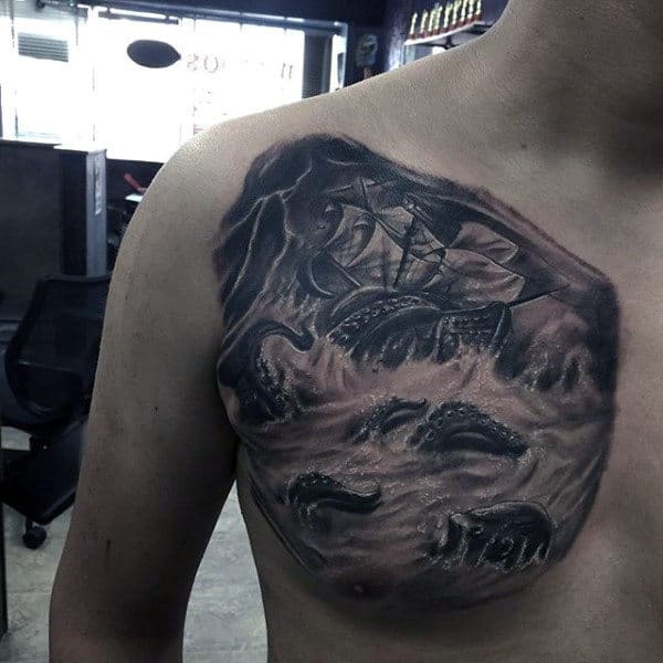 Octopus In Water Attacking Sailing Ship Mens Chest Tattoos