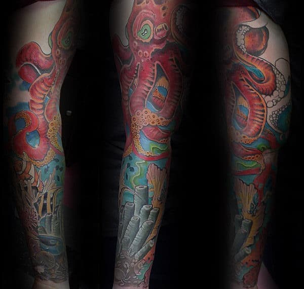 Octopus Mens Coral Reef Full Leg Sleeve Tattoo