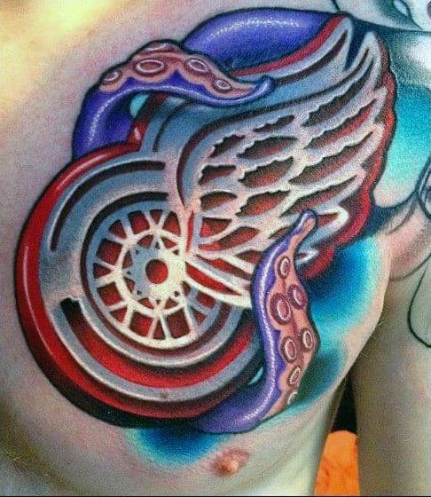 Octopus New School Guys Detroit Red Wings Hockey Chest Tattoos