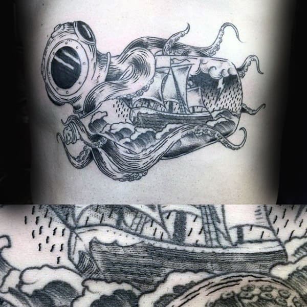 Octopus Ship In A Bottle Guys Ribs Tattoos