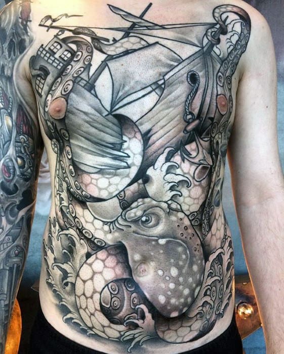 Octopus Sinking Sailing Ship In Ocean Mens Chest Tattoos