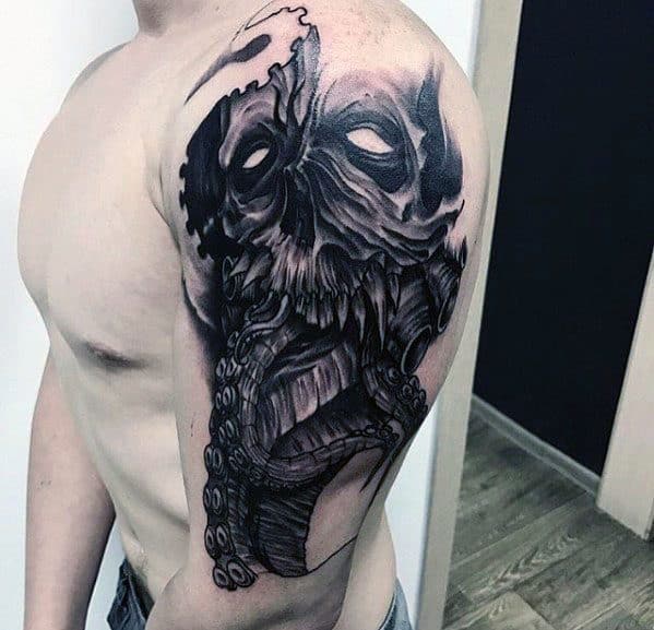 Skull with hollow eyes surrounded by octopus tentacles, detailed with dark shading and dramatic contrasts, creating a bold and eerie tattoo design.