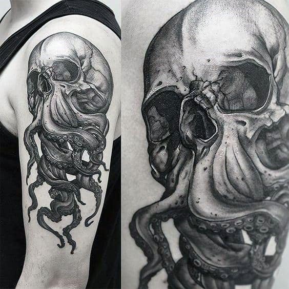 Skull with octopus tentacles wrapping around it, detailed with intricate shading and contrasts, creating a dark and bold black-and-grey design.