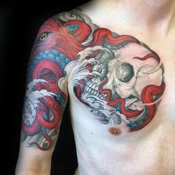 Octopus With Skull Guys Upper Chest And Half Sleeve Tattoo Ideas