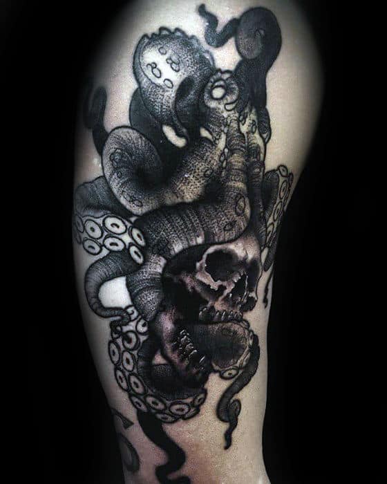 Octopus With Tentacles Wrapped Around Skull Male Arm Tattoos