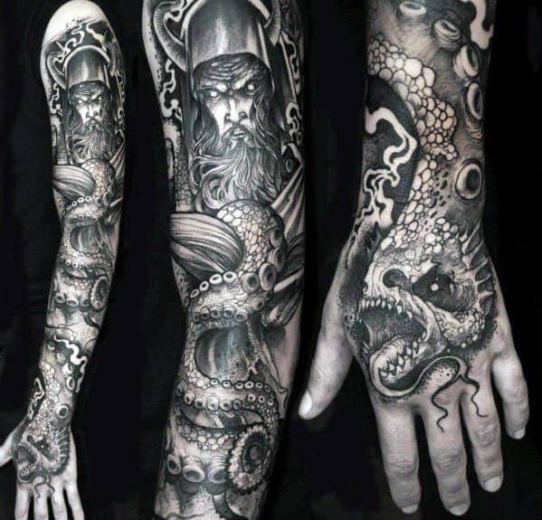 Octopus With Warrior Awesome Guys Black And Grey Ink Sleeve Tattoo Designs