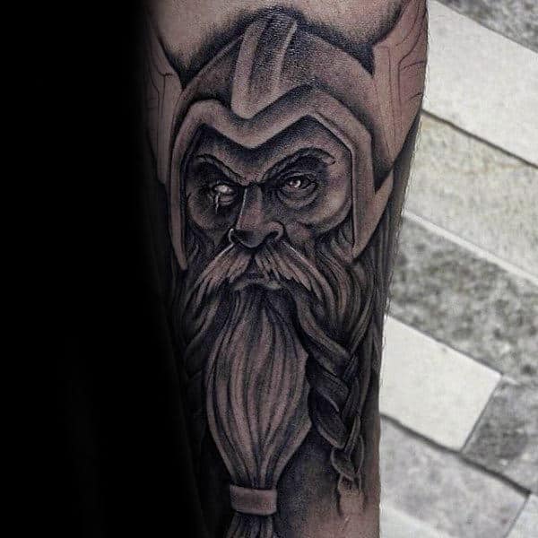 Odin Portrait Tattoo On Guys Lower Leg