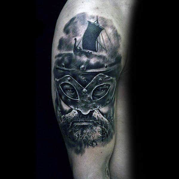 Odin Sailign Ship Helmet Mens Arm Tattoos